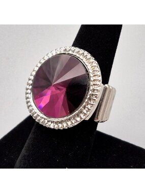 Large One Size Statement Ring Circular Purple Crystal Silver Tone Stretch
